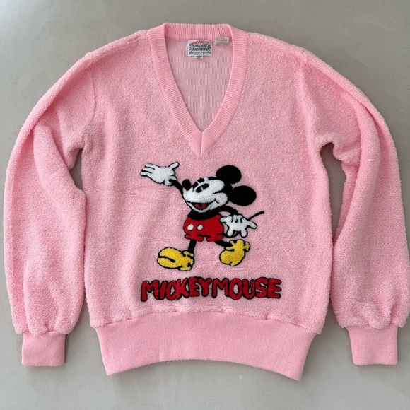 Disney Character Fashions Vintage Pink Fuzzy Mickey Mouse Sweater Size S - Picture 1 of 3